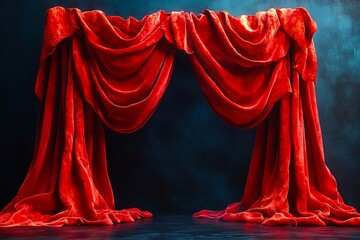 A red curtain on a stage with a dark background