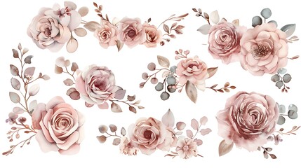 Delicate watercolor frame with clusters of pink flowers and eucalyptus sprigs, featuring dusty roses and peonies in a soft light blush tone, ideal for a romantic invitation or background