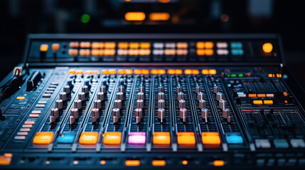 Close-up of a professional audio mixing console with illuminated buttons and sliders in a recording studio setting, emphasizing sound engineering and production equipment.