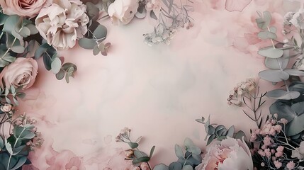 Elegant watercolor floral arrangement featuring soft blush pink peonies and dusty roses surrounded by eucalyptus greenery, forming a delicate border with a soft pastel background