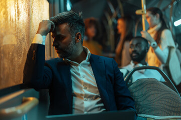 Man in formal attire leaning on a bus window