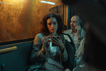 Woman scrolling on her phone while sitting on a bus