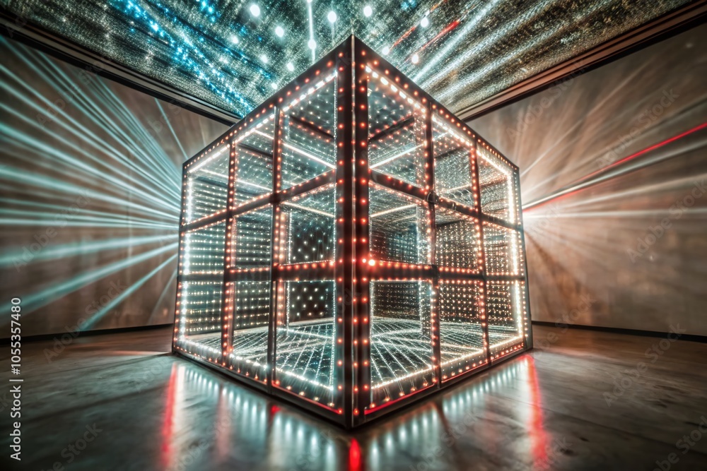 Aufkleber 3d cube formed by laser grid lights in red and blue - dynamic abstract visualization