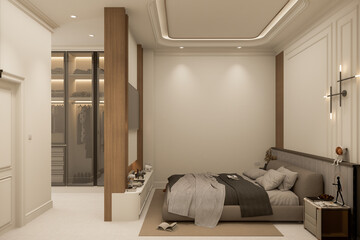 Interior Bedroom Wall Mockup - 3d Rendering, 3d Illustration. Light, cute and cozy home bedroom interior with unmade bed, gray and black plaid with cushions also empty white wall background. 