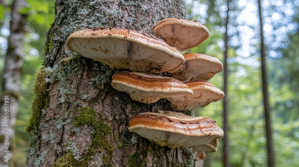 Aufkleber a cluster of shelf mushrooms growing on a tree trunk in a forest.