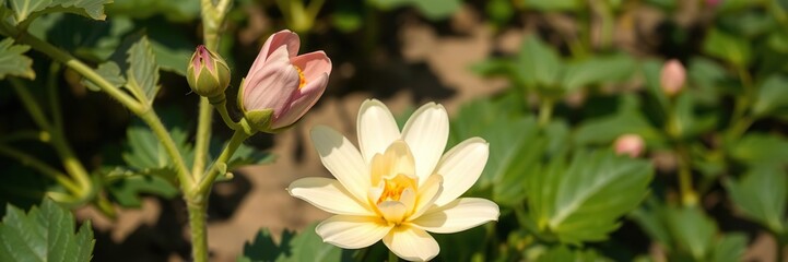 Naklejka premium Lush green potato plants blooming with delicate white flowers in a sunlit field, sunny, crop