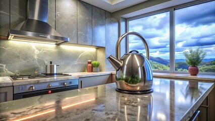 3D Rendering of a Modern Electric Kettle in a Stylish Kitchen with Panoramic View for Home Appliances and