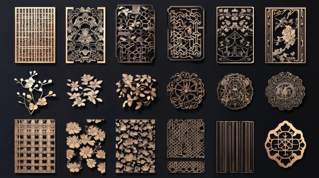 A collection of gold leaf designs, including flowers and leaves