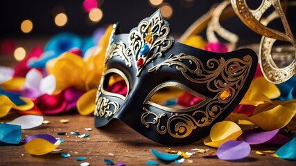Venetian carnival mask. Purim holiday, masquerade, fun, confetti