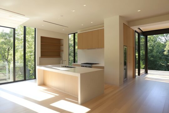 A minimalist kitchen with clean lines and natural light 