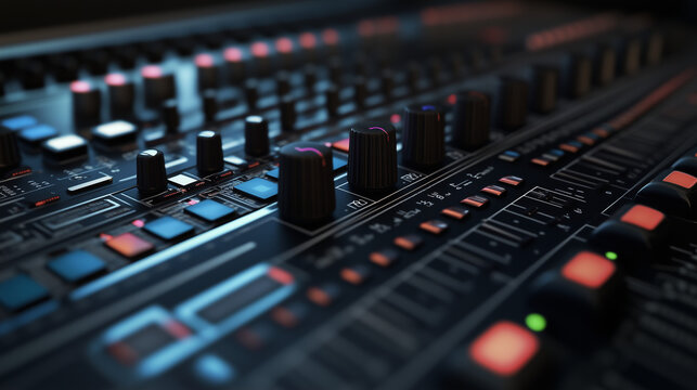 Close-up of an audio mixer with numerous knobs and buttons on a black background, created in a photorealistic style