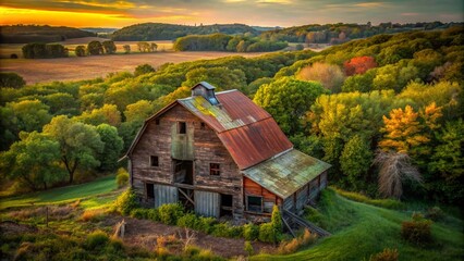 Abandoned Barn from Above: Captivating Aerial View of a Creepy Rustic Structure in Nature's Overgrowth