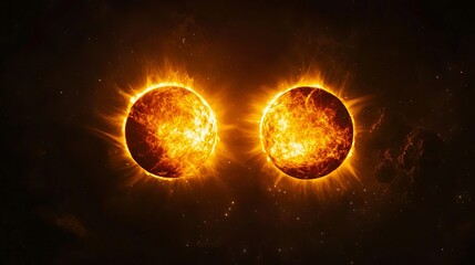 Obraz premium Two bright orange suns in the dark space with stars in the background