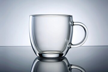 Modern clear glass coffee mug with a minimalist handle and a rounded body shape, modern, coffee mug, handle, minimalist, kitchenware