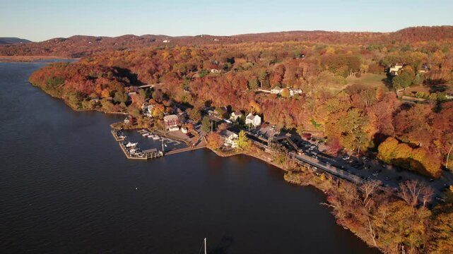 Garrison, New York in Fall Colors. 4K drone shot