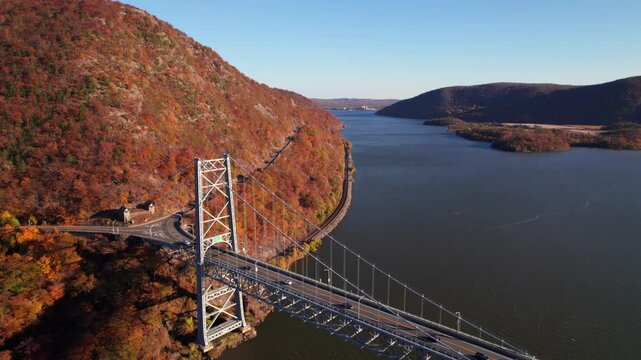 Amazing aerial of the Hudson River Valley in the fall, 4K drone shot, Bear Mountain