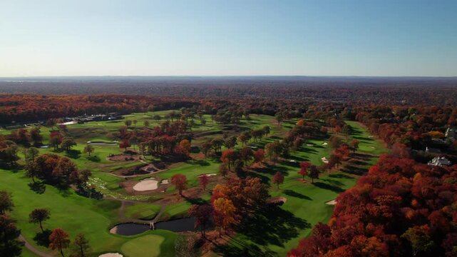 Picturesque Golf Course in rich autumn, 4K aerial