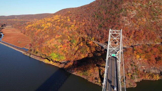 Aerial panorama of Bear Mountain Bridge and New York highway 9A in the fall, 4K