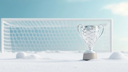 Winter-themed victory trophy concept. A clear trophy sits in the snow before a distant soccer goal under a bright blue sky symbolizing victory in an unconventional winter setting