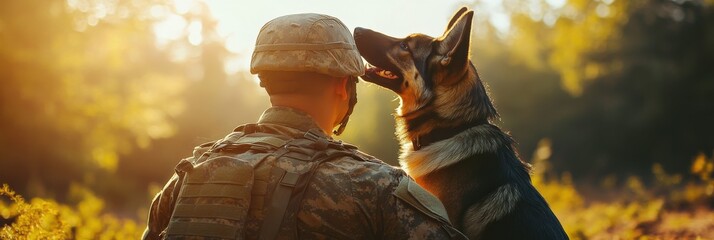 Military Dog. Soldier and Husky Pet Portrait Outdoors on a Sunny Day
