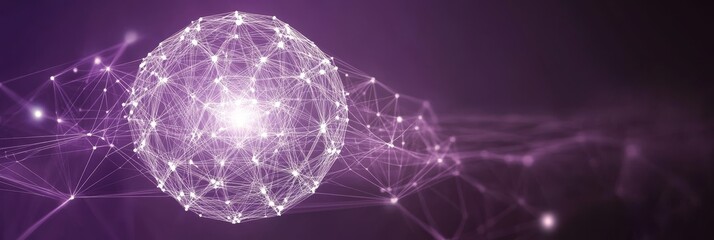 Purple network globe data connection dots and lines plexus background, abstract technology design.
