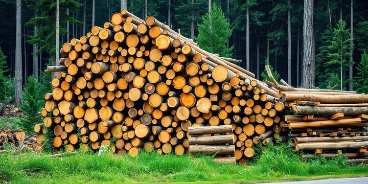 pile of pulpwood and sawlogs stacked beside a dirt road in a forest, pile, natural, lumber