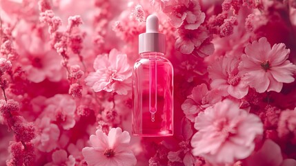 A bottle of perfume sitting on top of a bunch of pink flowers