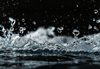 A high-resolution photograph of raindrops falling on water, creating ripples and splashes against a black background.