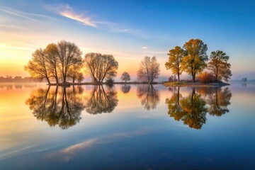 Obraz premium Reflections of trees in the calm surface of a still lake at dawn, morning sunrise, natural beauty, water reflection