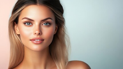 Naklejka premium Portrait,Beautiful Young Blonde Woman with Long Healthy Hair on Pastel Background with Copy Space