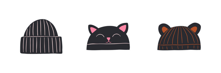 Set of winter funny hat drawn in flat style. Hand drawn vector illustration.