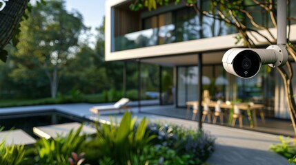 A serene image shows a white security camera monitoring a modern house with glass walls, surrounded by a lush garden and outdoor furniture.