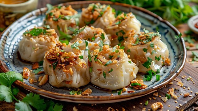 Shumai or kanom jeeb or steamed pork dumplings on a plate sprinkled with coriander and fried onions