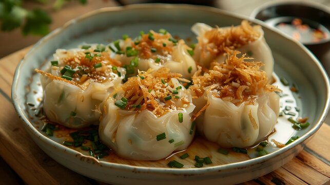 Shumai or kanom jeeb or steamed pork dumplings on a plate sprinkled with coriander and fried onions