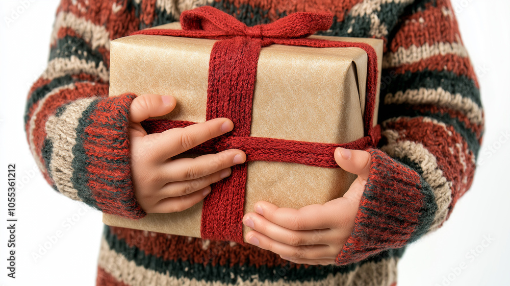 Wall mural close up of a person holding a gift, child's hand holding a Christmas gift box