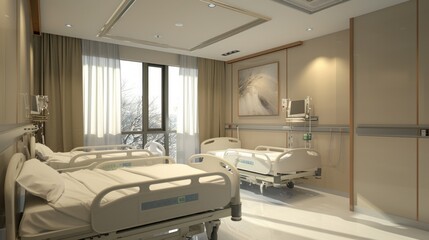 A bright and tidy hospital ward with empty beds, medical equipment, clock, and picture frame. Light brown walls and gray flooring set a comfortable ambiance.