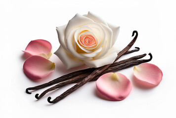 Rose, vanilla and a touch of white musk powder. Placed on a white background with subtle shadows to highlight the luxurious, floral perfume flower, perfume flower oils, perfume essential flowers, perf