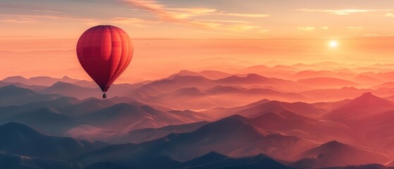 Fototapeta premium A red hot air balloon floats by mountains at sunrise or sunset, creating a serene yet grand atmosphere with misty skies and golden hues.
