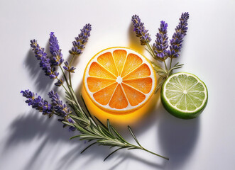 Lavender,  orange and lime isolated on white background