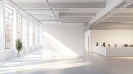 Fototapeta premium Bright and airy open-plan white office interior with large blank mock-up wall ideal for presentations, advertising, or design showcases in a modern corporate workspace
