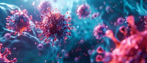 Computer-generated visualization shows 3D COVID-19 virus particles in reds and yellows on a blue background.