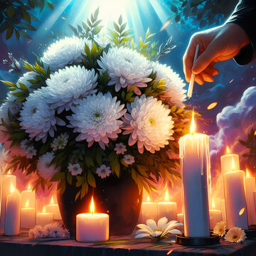 white chrysantemums in a pot vase amond lot of lit candles and a hand lighting candle memorial for deseased loved ones digitalart