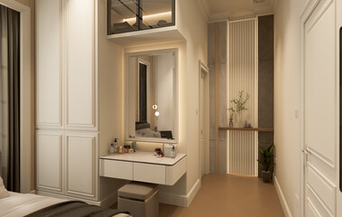 Interior Bedroom Wall Mockup - 3d Rendering, 3d Illustration. Light, cute and cozy home bedroom interior with unmade bed, gray and black plaid with cushions also empty white wall background. 