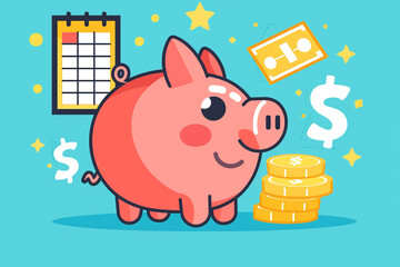 Vector-style illustration of a piggy bank, calendar, and dollar signs. Ideal for financial blogs, retirement planning guides, and investment presentations.