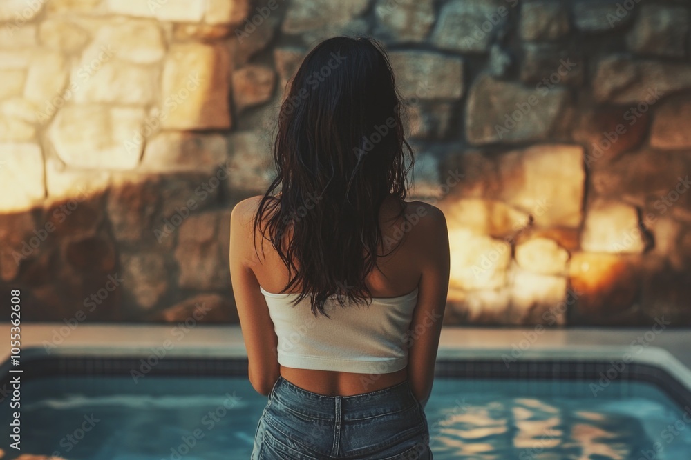 Wall mural a woman standing by the side of a swimming pool, outdoors