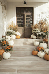 Beautiful fall autumn front door porch with pumpkins and chrysanthemum