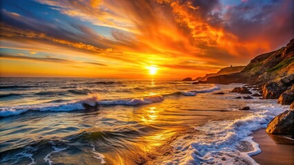 Fototapeta premium Softly fading light of sunset casting warm orange glow on rugged ocean shoreline, sun, sky