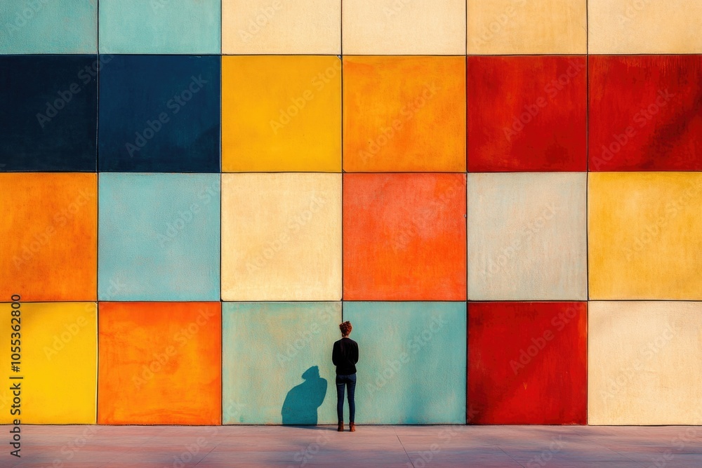 Poster a person standing in front of a vibrant and colorful wall, perfect for use as a background or add so