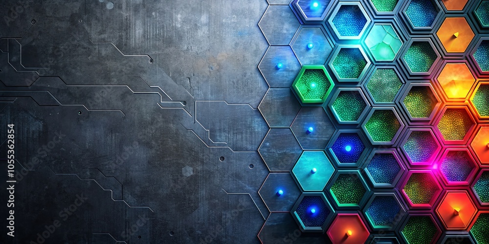 Poster abstract hexagons on grey background - hitech digital technology concept in sci-fi style