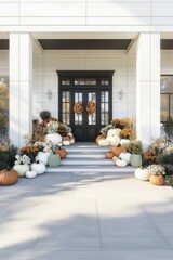 Beautiful fall autumn front door porch with pumpkins and chrysanthemum